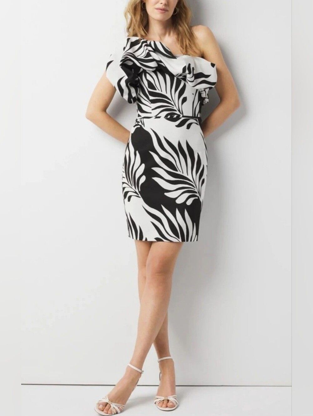 Black & White Tropical Print One-Shoulder Mini Dress 12 New! WHBM